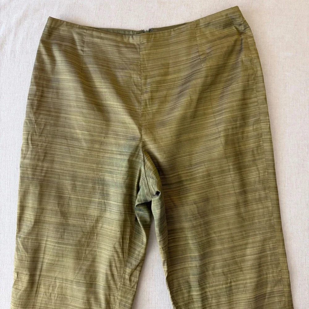 Muse 2 Piece Pant Set Womens 8 Green 100% Silk Beaded Embroidered Crop Top Pants